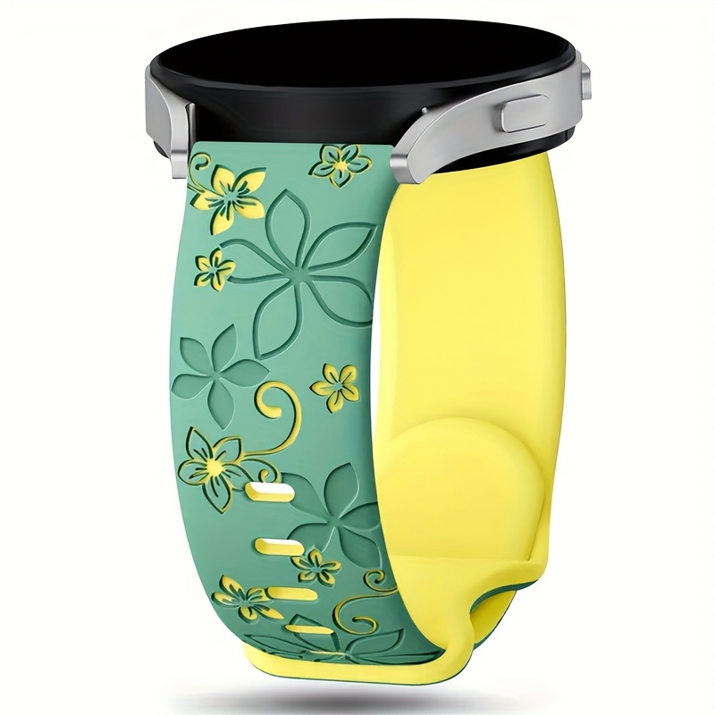 Cute Floral Engraved Two-Tone Flower Design Strap for Galaxy Watch 7 6 5 4 Classic/Pro 44mm 40mm Band Correa Soft Sport Bracelet Compatible with Huawei GT 2e 3 4 Watchband 20mm 22mm, Watch Straps for Smart Watch, Galaxy Watch Ultra Accessories, Watch Strap Charms, Galaxy Watch Ultra Strap, Watch Strap for Women, Fitness Tracker Strap, Smartwatch Accessory, Stylish Watchband, Decorative Strap, Flexible Material, Comfortable Fit, Replacement Band, Adjustable Strap,
