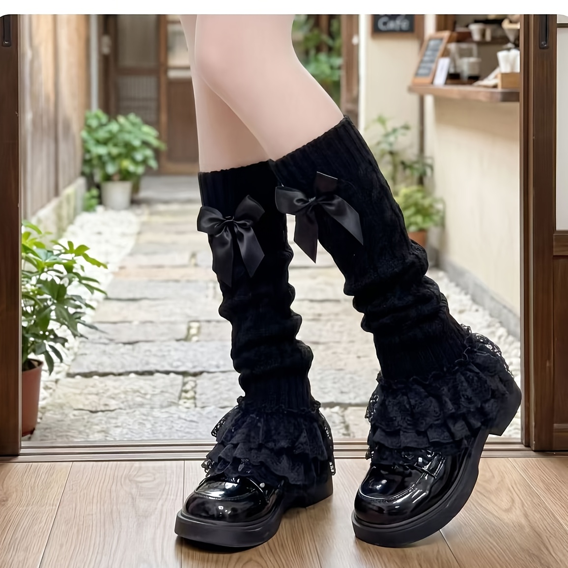 TEMU 1-pair Women's Thick Lace Socks With Bow & Flared Leg Shaping - Ballet Style Suitable For, Dance,, Casual Attire - Hand Washable Girly Jk Sole