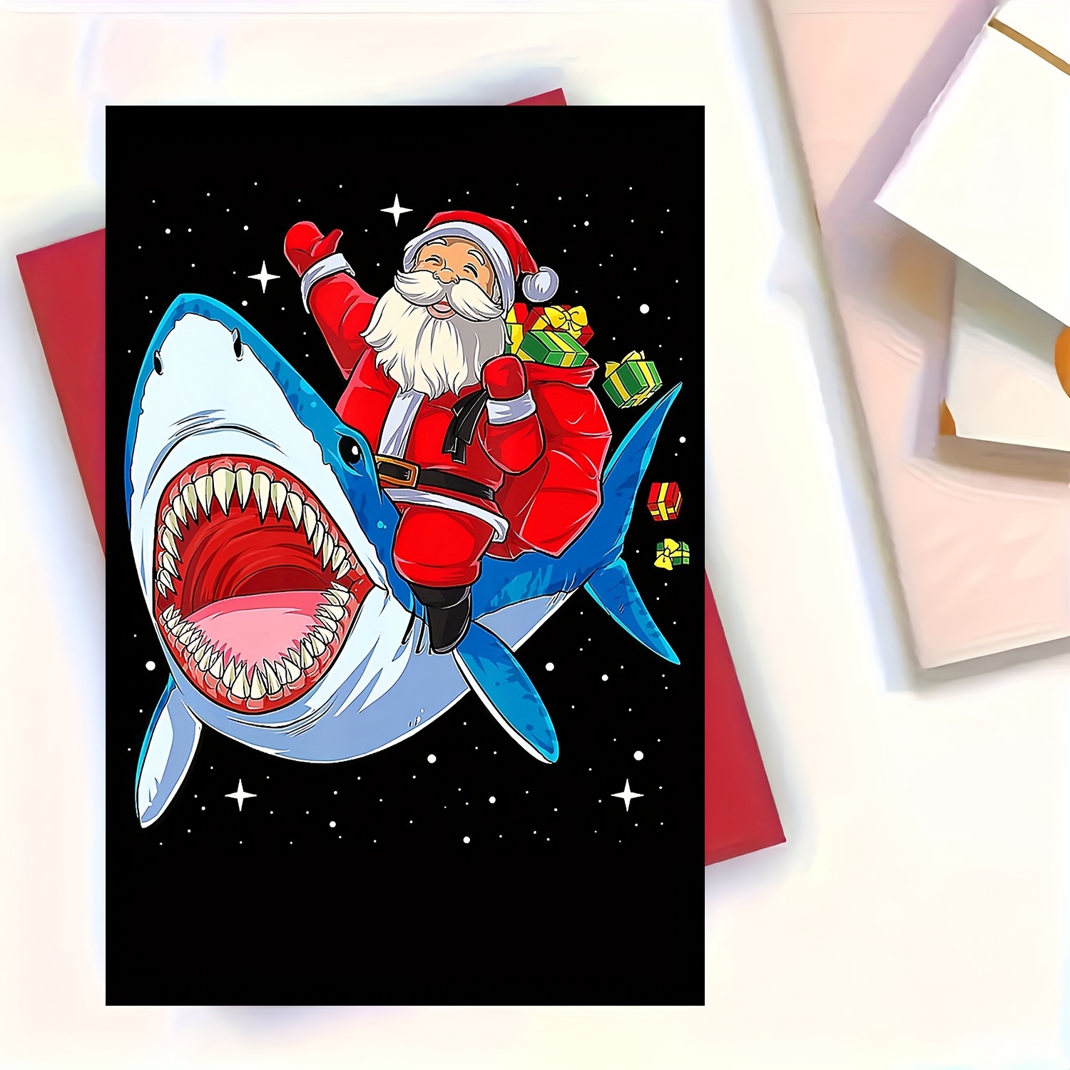 

Funny Christmas Card With Santa On Shark, "merry Christmas" Greeting Card, Gift For Family, Friends, Colleagues, Boss, , Includes Envelope, Paper, For Christmas, New Year