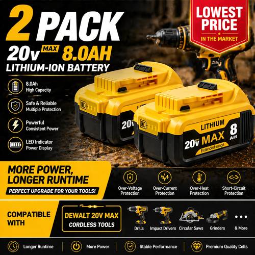 item picture set of two 8 0ah 20v replacement lithium ion batteries designed for dewalt cordless tools works with models dcb200 dcb204 dcb206 dcb201 dcb203 dcb181