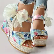 womens floral print wedge sandals peep toe bowknot strap platform shoes casual hoho beach shoes details 6