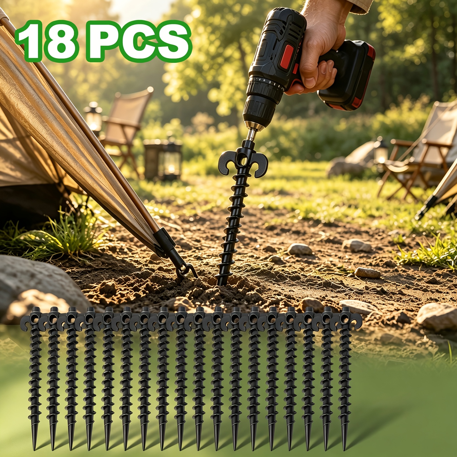 TEMU Lot de 18 piquets de tente , chevilles d'ancrage pour sol sablonneux à perçage, piquets de sol légers, réutilisables, antirouille et coupe-vent