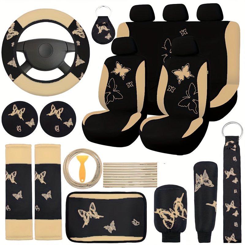 TEMU A 41pcs Collection Of Car Interior Additions, Including A Full Set Of Seat Covers, Soft Steering Wheel Covers, Seat Belt Pads, Floor Mats, , Long-lasting Interior Additions For Protection