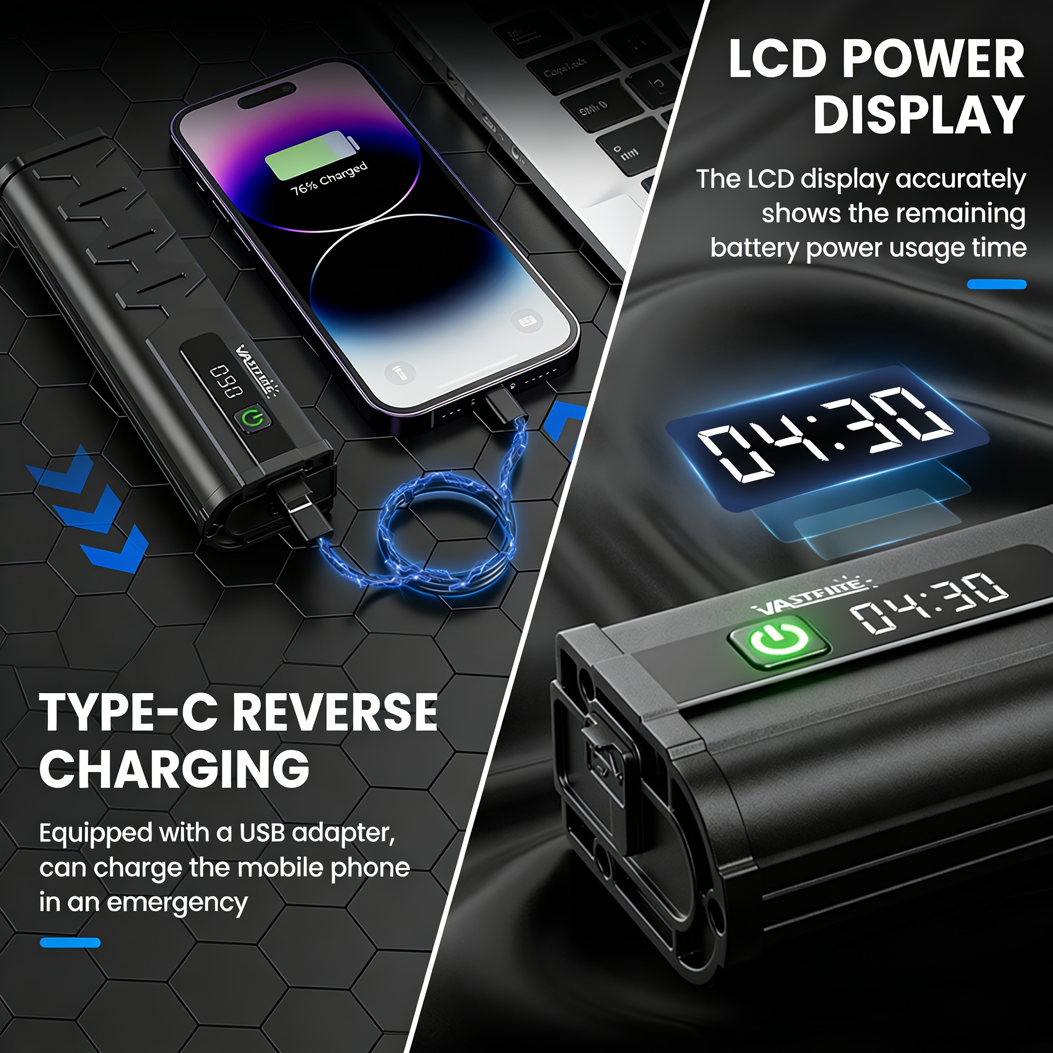 De VASTFIRE 17 LED fietslamp biedt een indrukwekkende 25500 lumen, wat een uitzonderlijke helderheid biedt voor het fietsen 's nachts. Deze USB oplaadbare aluminiumlegering lamp heeft een 180° breed straalveld en een digitale vermogensweergave.