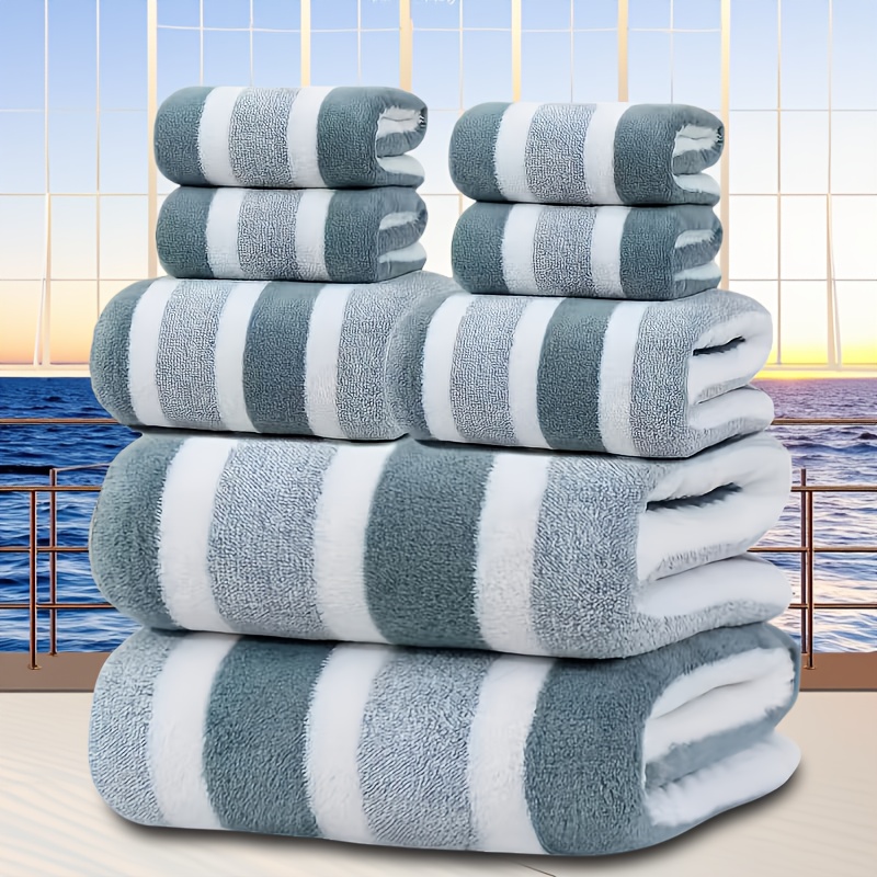 item picture 8pcs striped towel set including 2 bath towels 2 hand towels and 4 washcloths made of soft and   absorbent microfiber coral with a striped pattern   towels are perfect for bathroom essentials bathroom accessories and holiday gifts