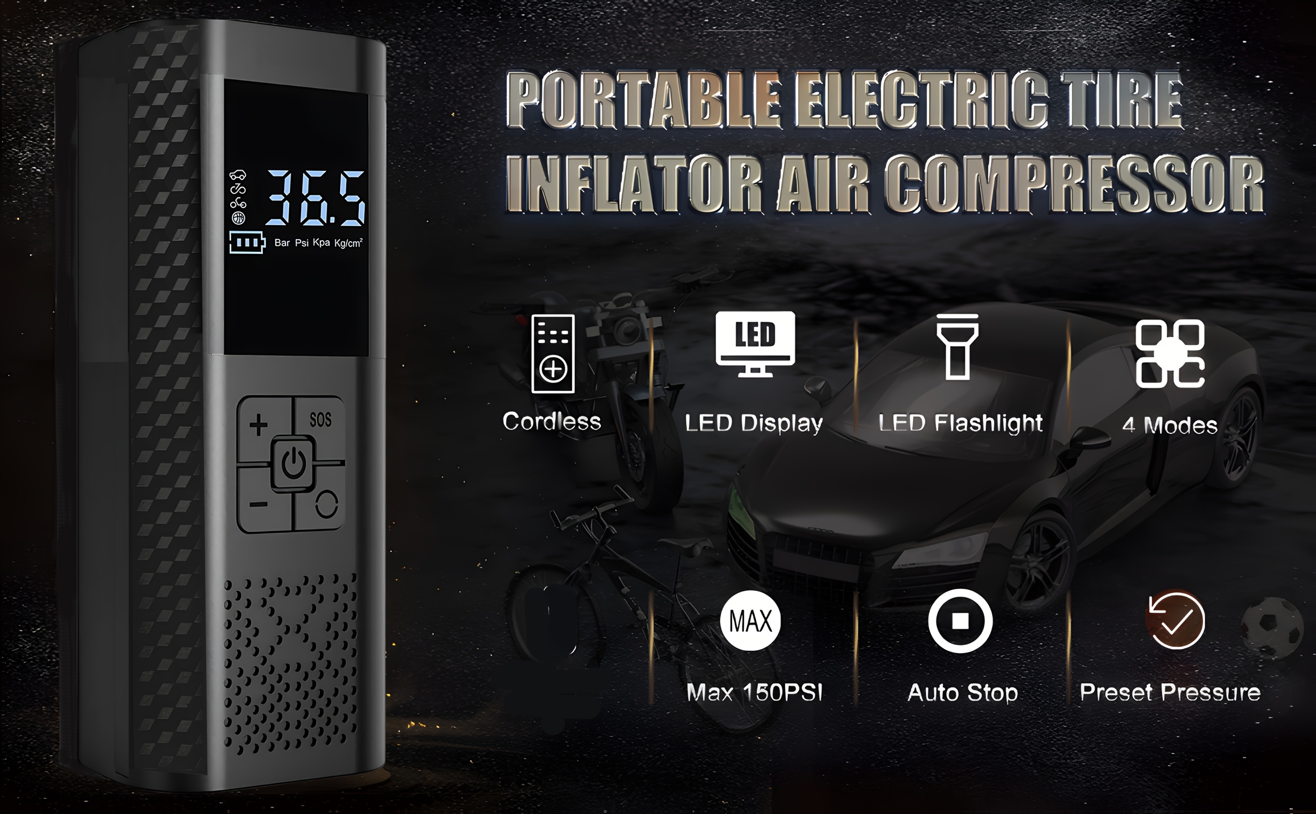 Compresor portabil pentru anvelope, pompă auto pentru anvelope 150 PSI, umflator inteligent One-Touch pentru vehicule, motociclete, biciclete și multe altele, echipat cu manometru și lumină LED