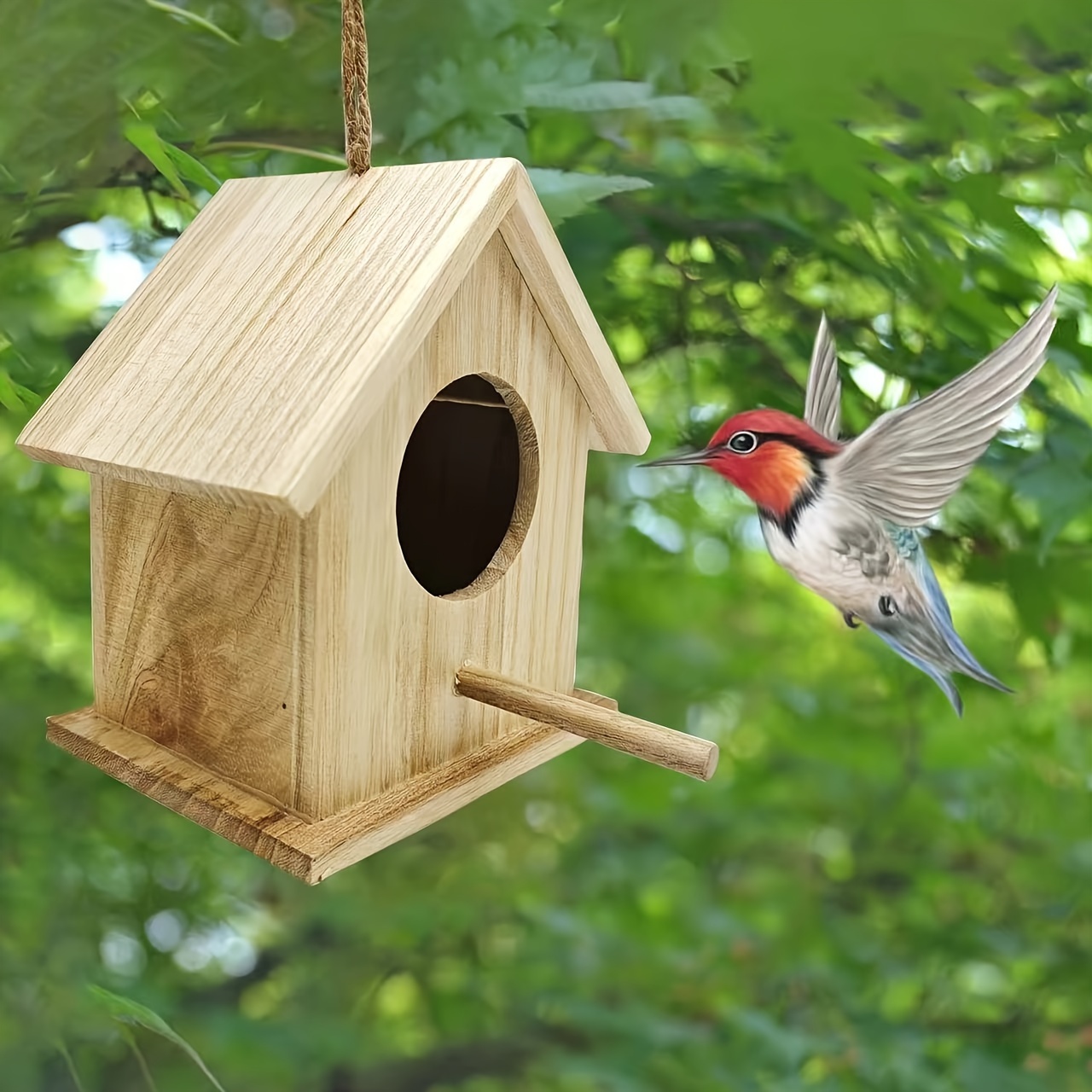 

1pc Rustic Wooden Birdhouse Outdoor Bird Feeder, Simulation Wood Bird Cage, Durable Hanging Nest For Garden Decoration