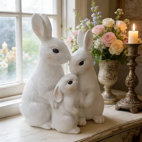 3 bucăți figurine de iepuraș din rășină albă, potrivite pentru decoruri de paște, statuete de iepuroaică și pui, decor pentru grădină interior/exterior, cadou pentru ziua , centru de masă de primăvară - decoruri cu iepurași din rășină