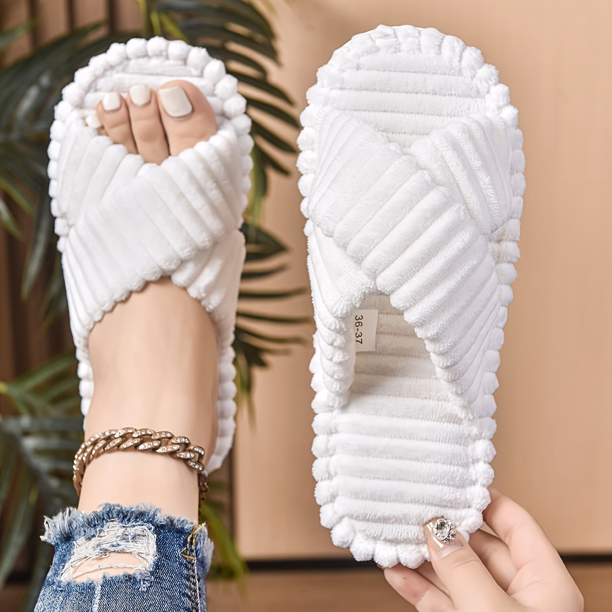 striped cross strap womens velvet slippers solid color easy versatile open toe slippers women shoes Product details 3