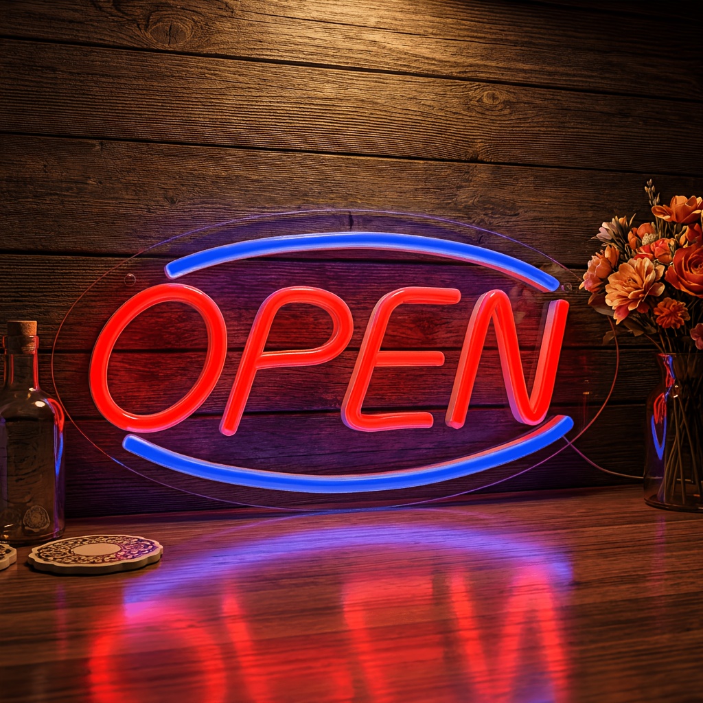TEMU 1pc Open Led Neon Sign - Red And Blue Elliptical Style, Suitable For Window Lighting/store Decoration, Suitable For Bars, Cafes, Salons (9.8x4.7