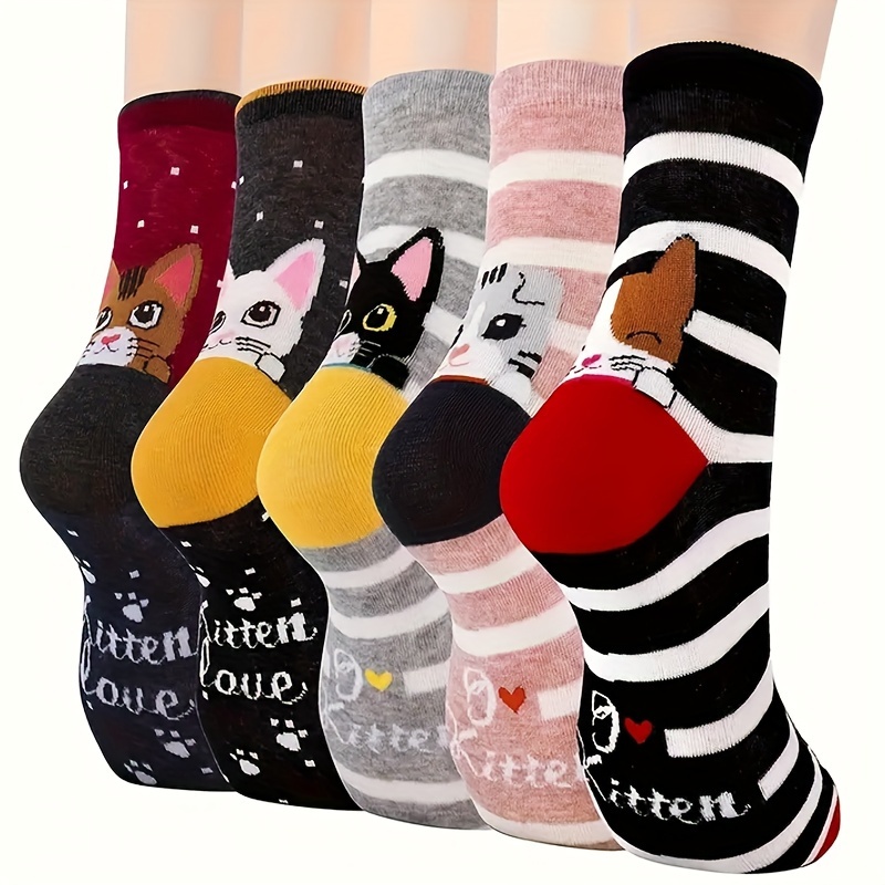 

Ensemble de 5 paires de chaussettes à motifs de chat et à rayures, chaussettes mi-mollet mignonnes et confortables, bas et lingerie pour femmes