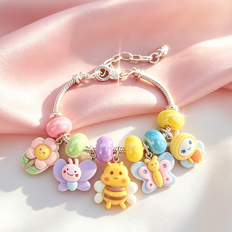 TEMU Bracelet de perles "Petit Abeille Papillon Cartoon", Pendentif Floral , Chaîne de Réglable Style Macaron Frais et Girly, Cadeau d'Anniversaire