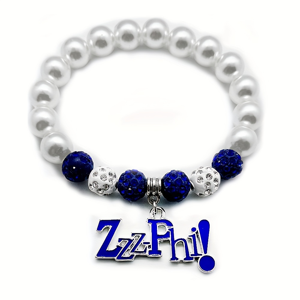 

Personality Sorority Society Zzzphi Letter Label Pendant Simulated Pearl Rhinestone Bead Elastic Bracelet