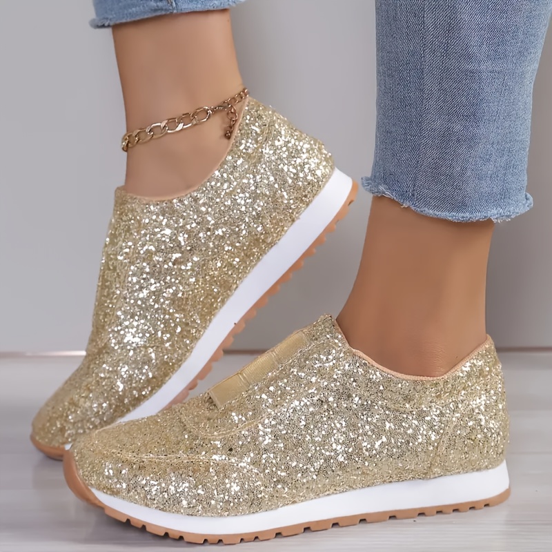 TEMU Women's Shimmering Golden Sequined Casual Sneakers - Round Toe Low-top Breathable Fabric Shoes, Durable Rubber Sole, , Versatile For Casual And
