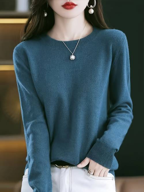 fashionable and simple solid color round neck pullover sweater for women elegant and versatile loose fit thin base layer for spring and autumn