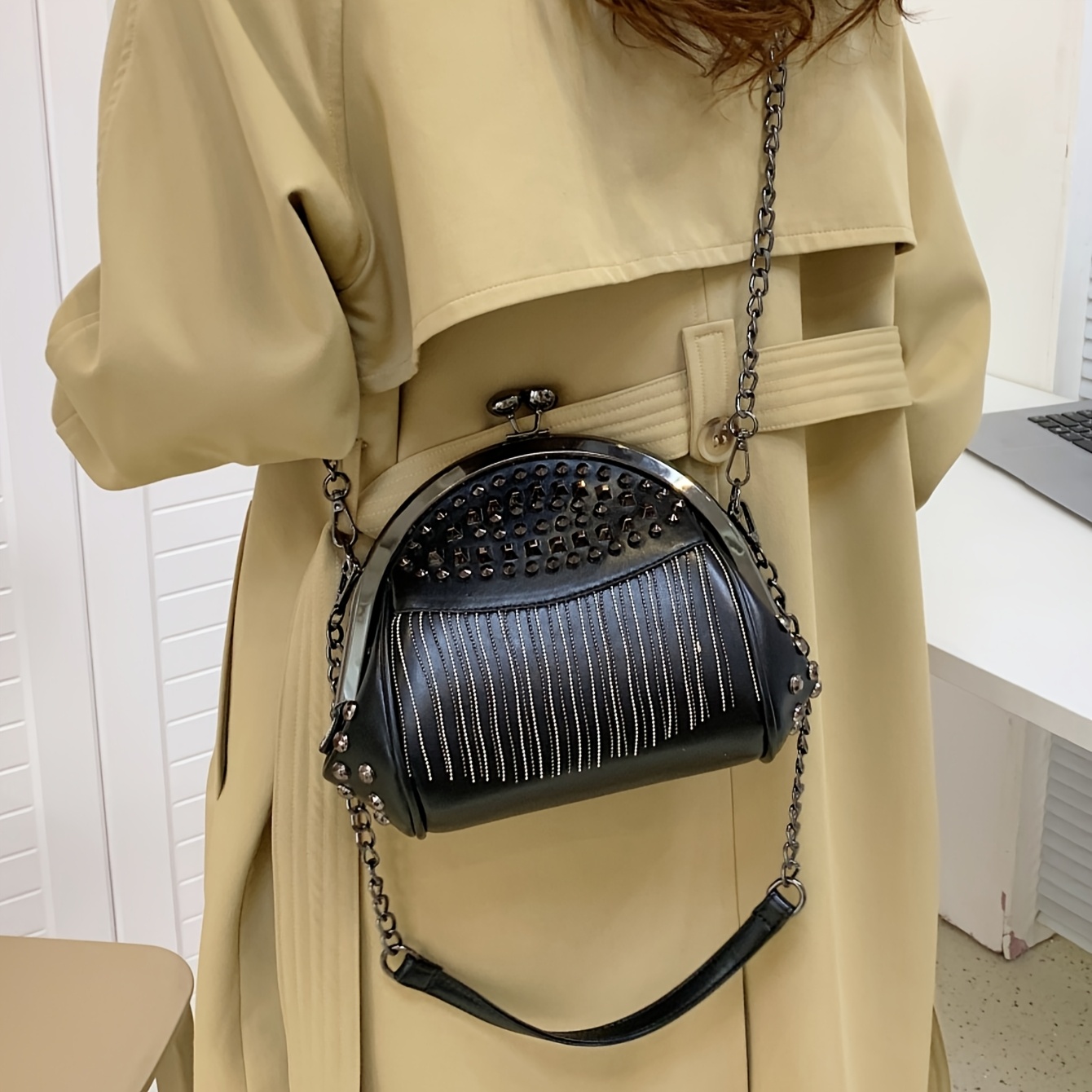 Classic Versatile Shoulder Bag with Rivet Tassel Design