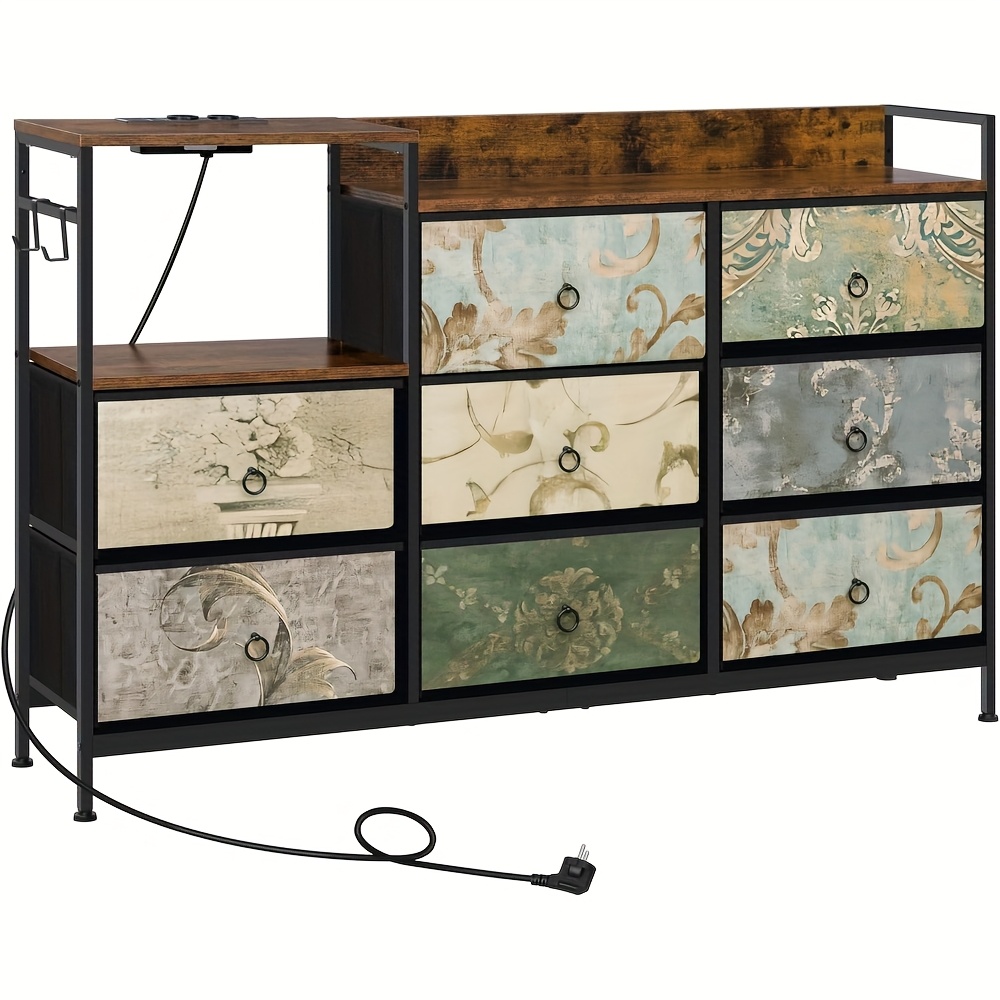Image of 1pc Chest Of Drawers With 8 Drawers, Storage Drawers, Dressers And Drawers For Living Room, Bedroom And Hallway, Rustic Brown+black+vintage Flowers, 132 X 29 X 88 Cm