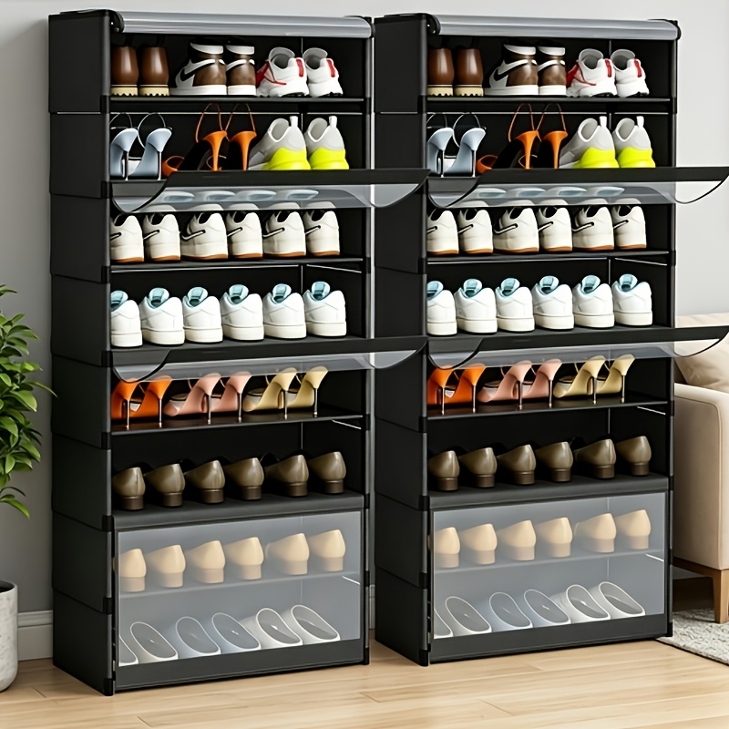 Image of 2pcs Tall Narrow Shoe Storage Tower - 139cm High Heavy Duty Clear Plastic Cabinet, Dustproof & Stackable, Space-saving For Entryway, Closet & Garage, Holds 48-50 Pairs