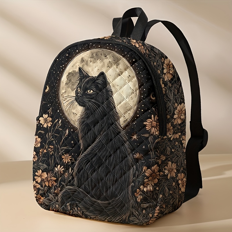 TEMU Black Cat Pattern Printed Casual Diamond Grid Backpack, Lightweight And Large Capacity Travel Backpack, Suitable For Campus, Travel, And Camping