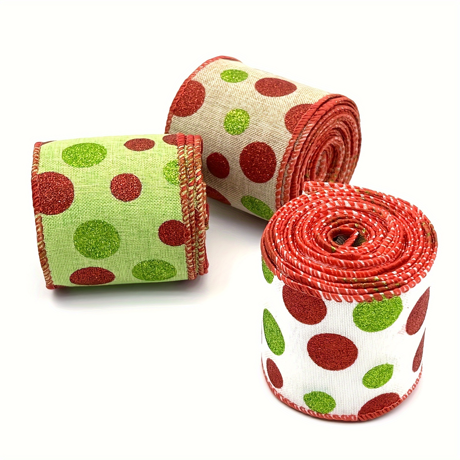 

5 Yards Polka Dot Wired Edge Ribbon - Polyester Burlap Decorative Ribbon For Diy Crafts, , And Party Decorations, No Feathers - White, Red, Green, And Light Brown