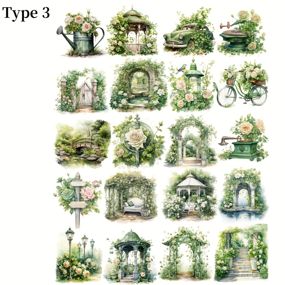Image of Set Of 20 Handmade Creative Vintage Green Vibrant Garden White Rose Series Stickers For Diary Decoration, Stickers For Notebook And Planner Diary Stickers, Magazine Decoration