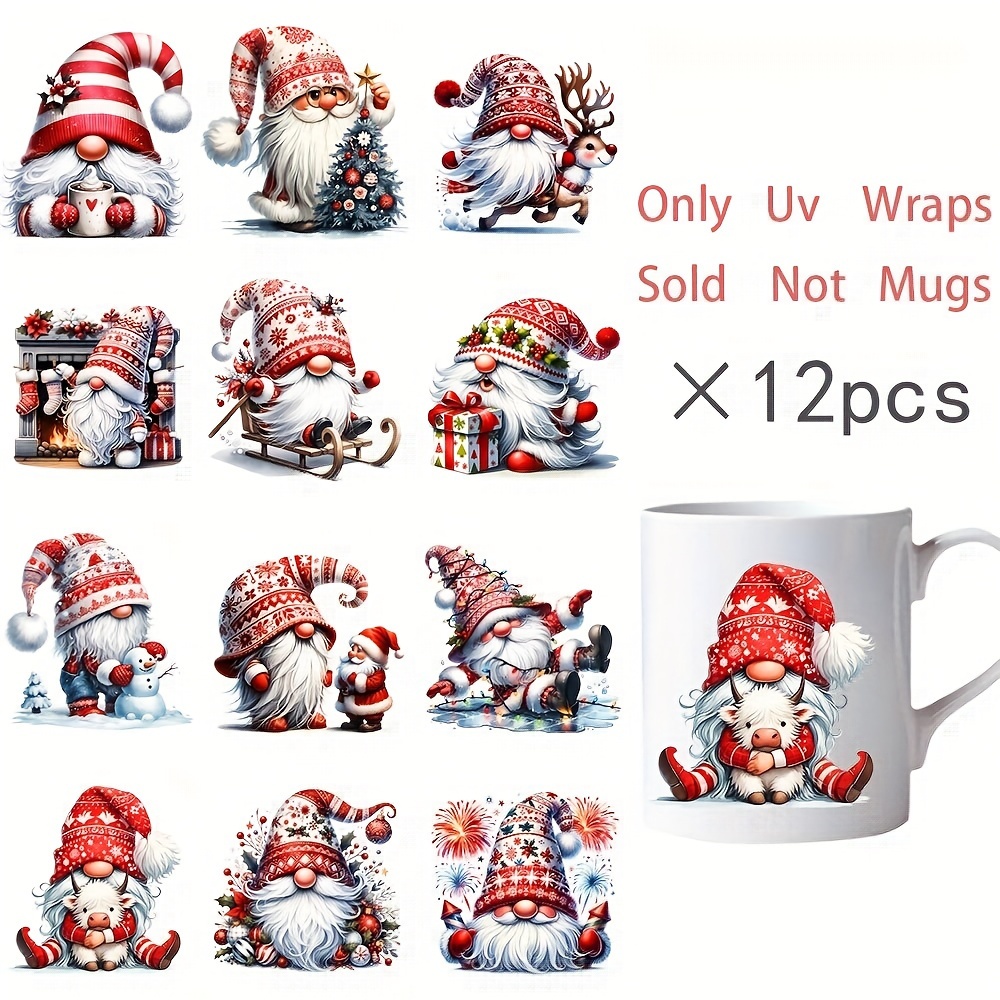 

Christmas Gnome Vinyl Decal Stickers 12pc Set For Diy Mug And Cup Embellishment – Uv Dtf Adhesive, Santa & Reindeer Holiday Decorations For Glassware And Coffee Mugs