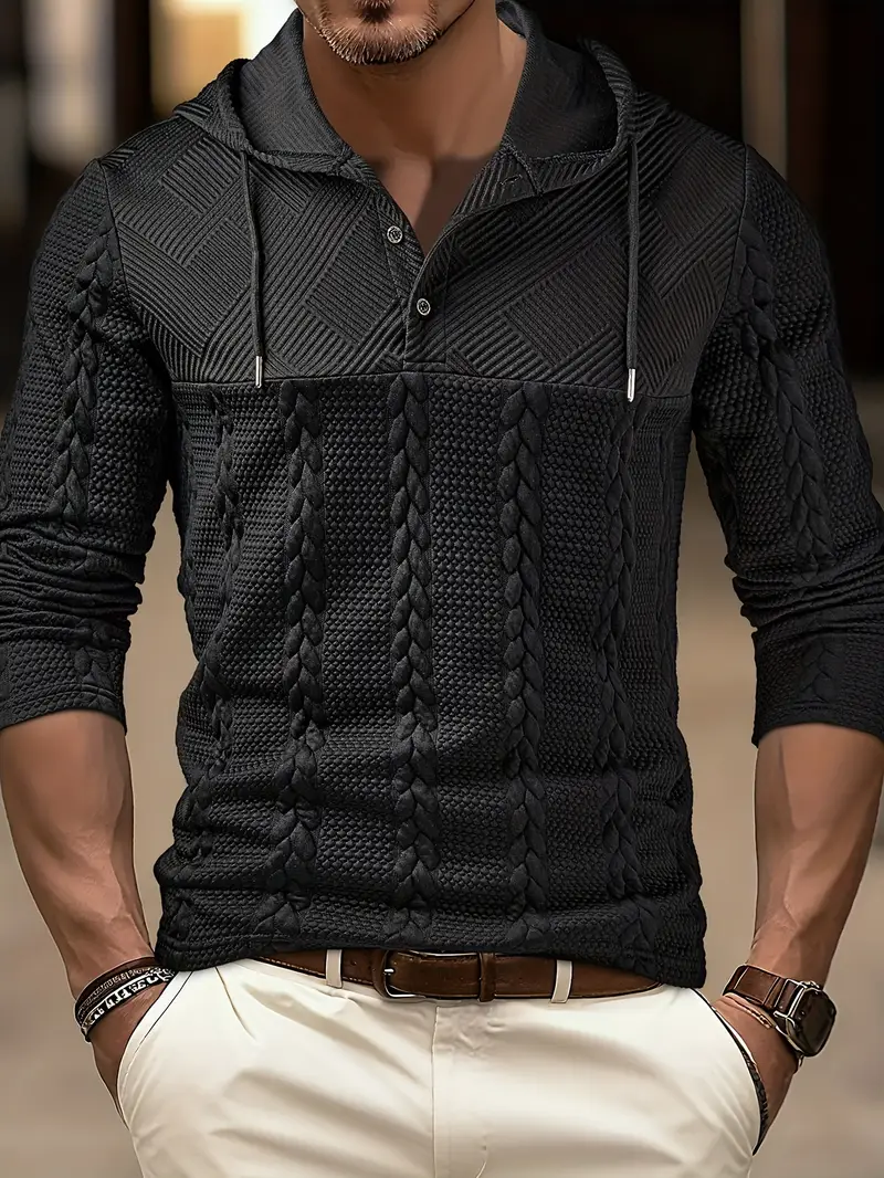 mens casual hooded henley shirt long sleeve solid color button regular for fall winter outdoor activities casual attire casual wear knit fabric mens sweater Product details 0