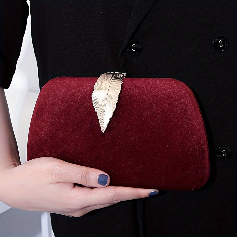 

Elegant Velvet Evening Clutch With Metal Leaf Detail, Solid Color Fur Handbag, Polyester Lined, Closure, Adjustable Strap For Women - Black & Burgundy