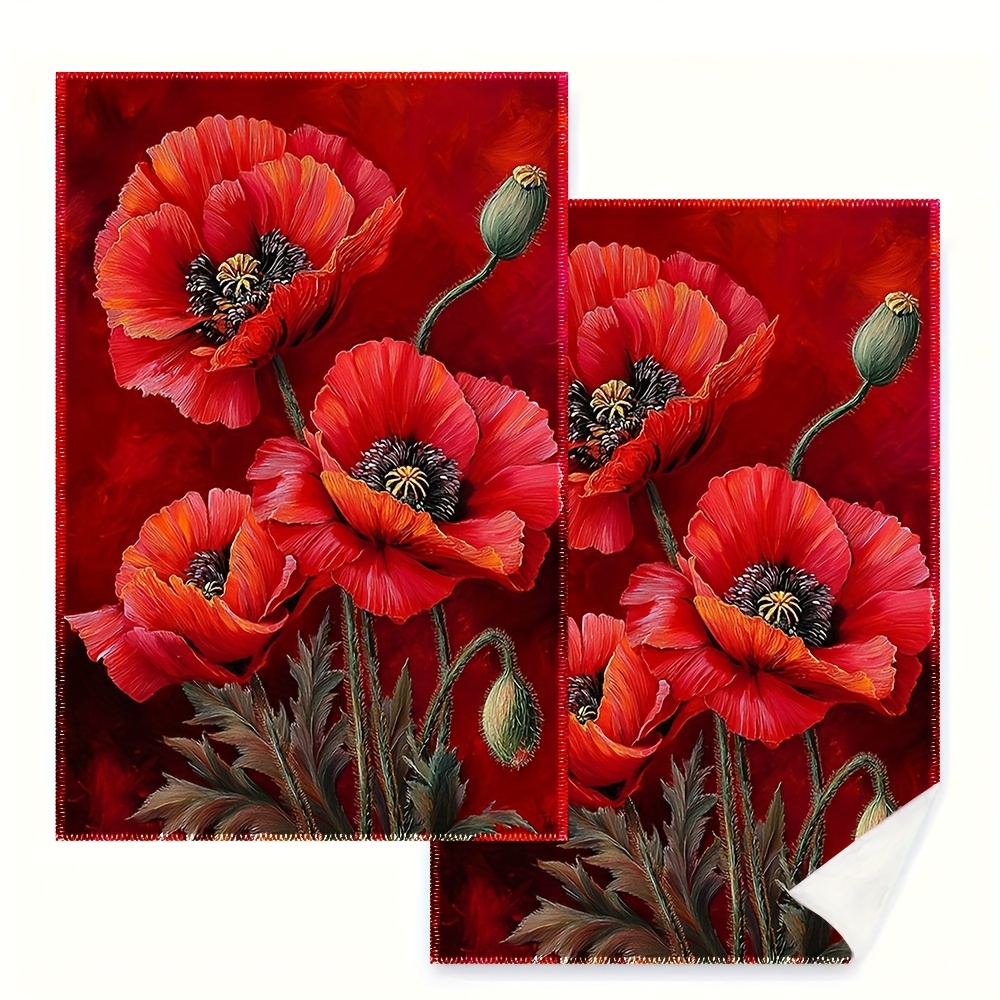TEMU 2pcs, Kitchen Towels, Dishcloths, 16x24 Inch, Red Poppies, An Acrylic Ing, Flowers In, Used For Cooking, Baking, And Home Kitchen Decoration,