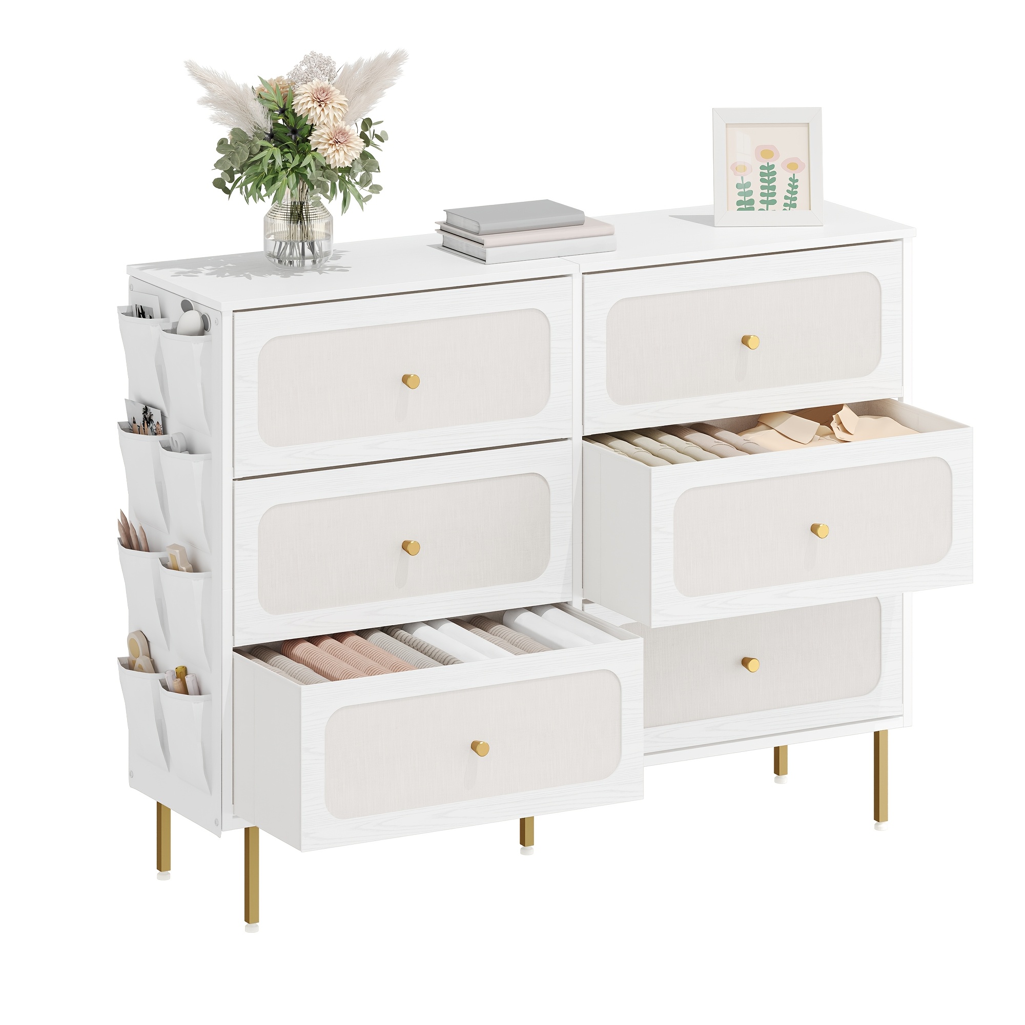 TEMU Commode, Armoire avec 6 Tiroirs en Tissu, Buffet Multifonctionnel avec Sac en Tissu, Cadre en Métal, 30 x 110 x 85 cm, pour Salon et Chambre,