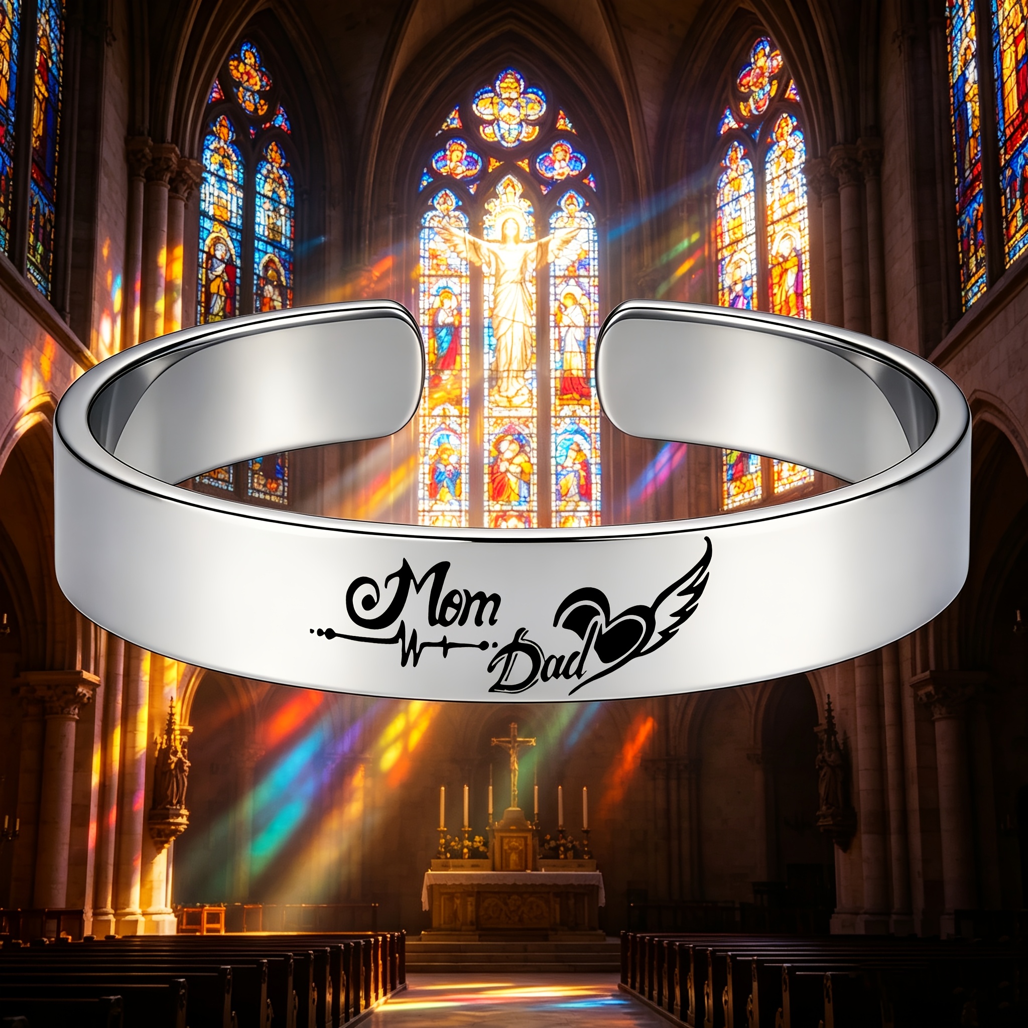 Mom & Dad Heartbeat Frequency Pattern Open Bangle Bracelet