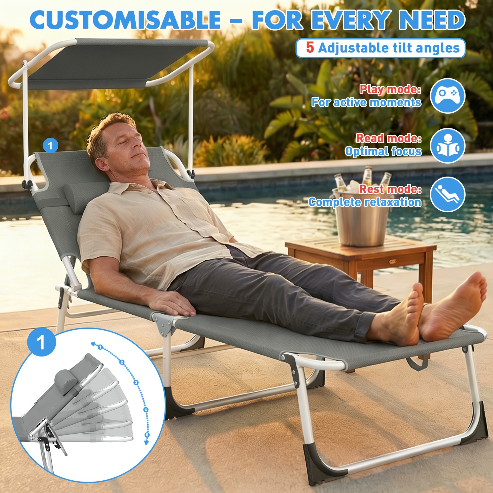 Image of Foldable Beach Chair, Lightweight With A Weight Capacity Of Up To 120 , Foldable Beach Chair With Sun Protection Function, Outdoor Chair With Adjustable Backrest, Outdoor Lounge Chair
