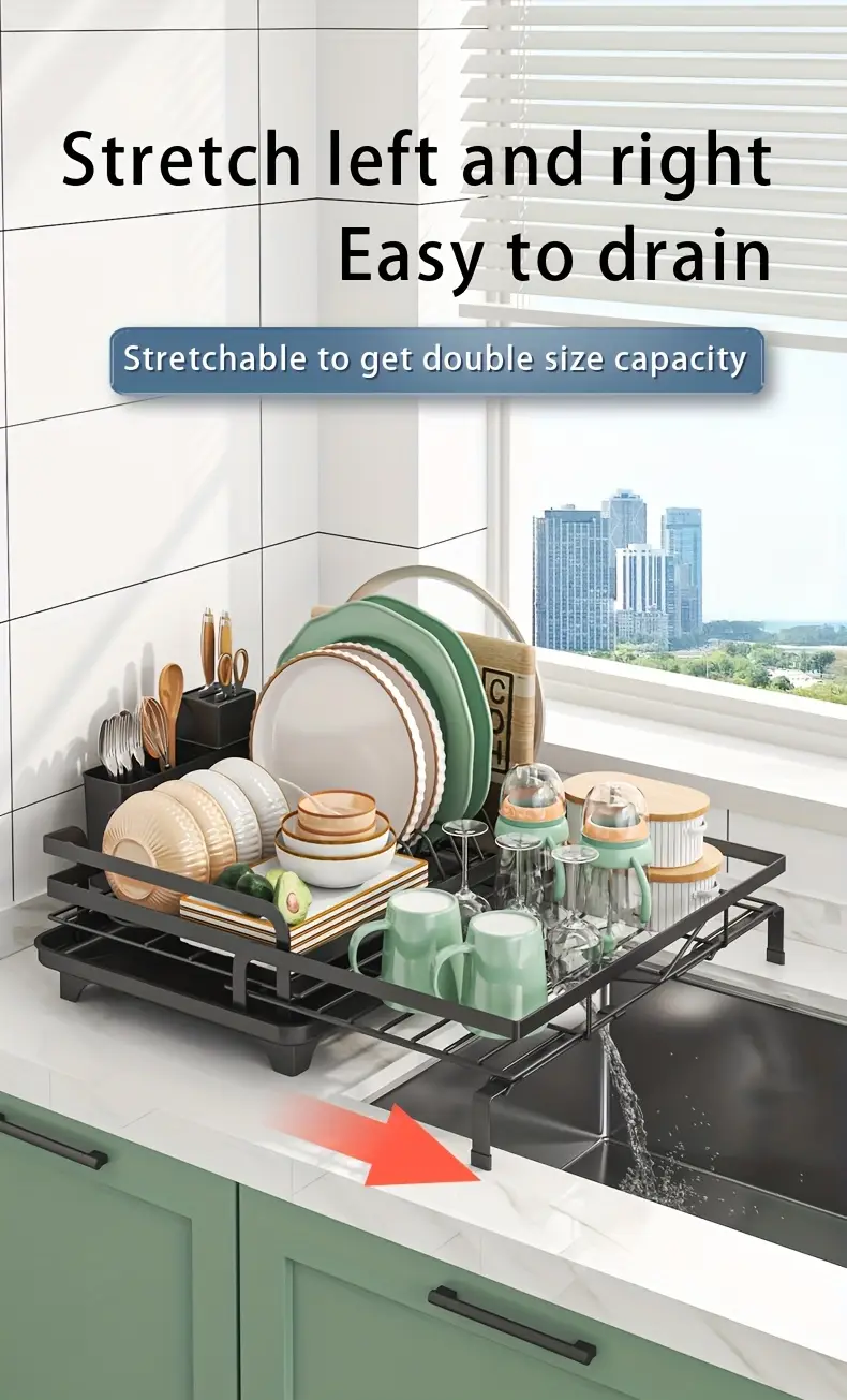 2 in 1 expandable rust resistant metal dish drying rack with pan slots utensil holder and for space saving kitchen counter and sink organization Product details 1
