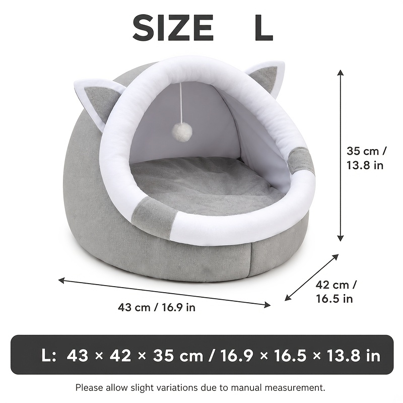 TEMU Cama Semi-Cerrada para Gatos con Cojín de Felpa , Diseño de y Juguete Colgante, Cueva Acogedora para Dormir en Interiores para Gatos y Gatitos