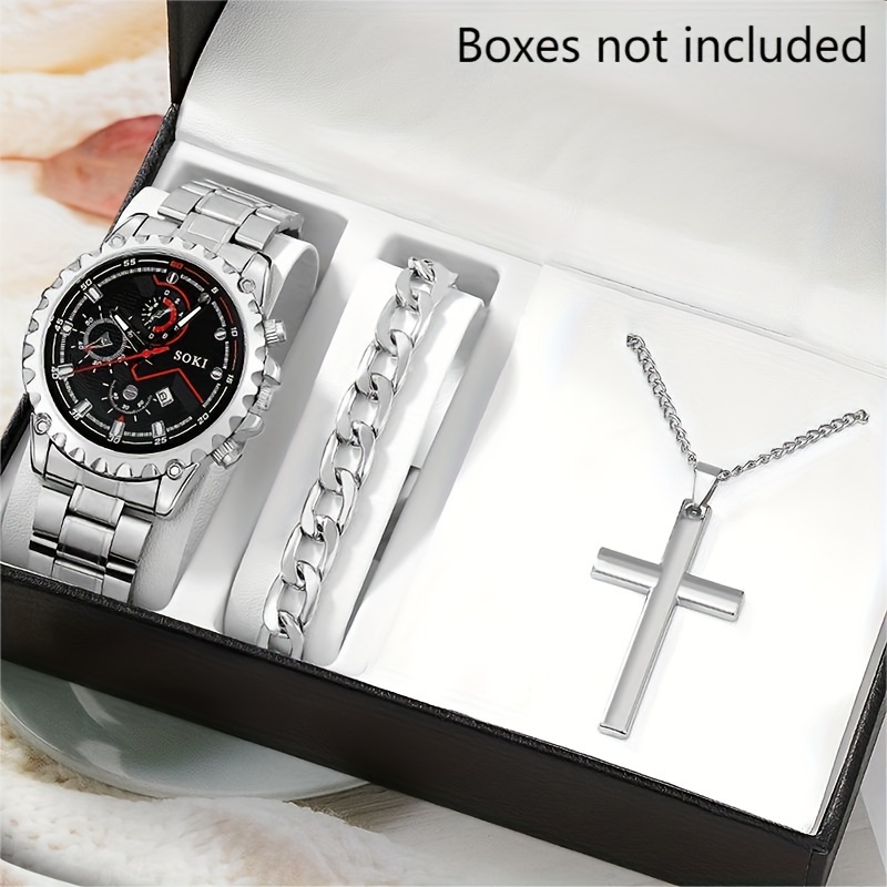 

3 Pcs Silvery Quartz Watches Alloy Strap Alloy Pointer Alloy Dial And Bracelet Necklace For Women