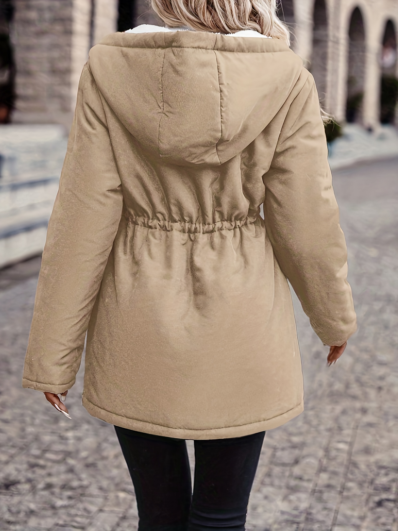 Alternative view of Chaqueta con capucha y cintura con cordón para mujer, con forro de felpa, manga larga, cierre de botones, ropa…