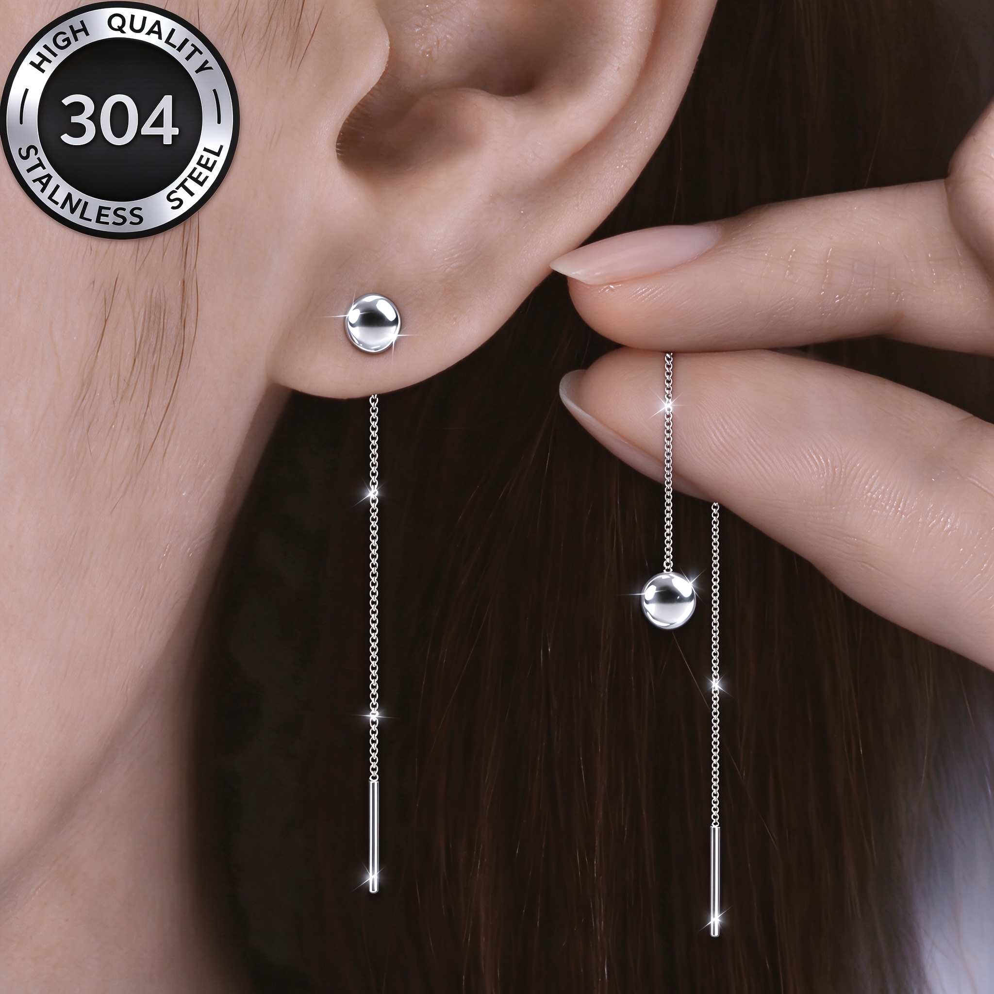 TEMU Pendientes largos con borlas de acero inoxidable 304, hipoalergénicos, resistentes a la decoloración, de calidad, fáciles y elegantes, adecuados