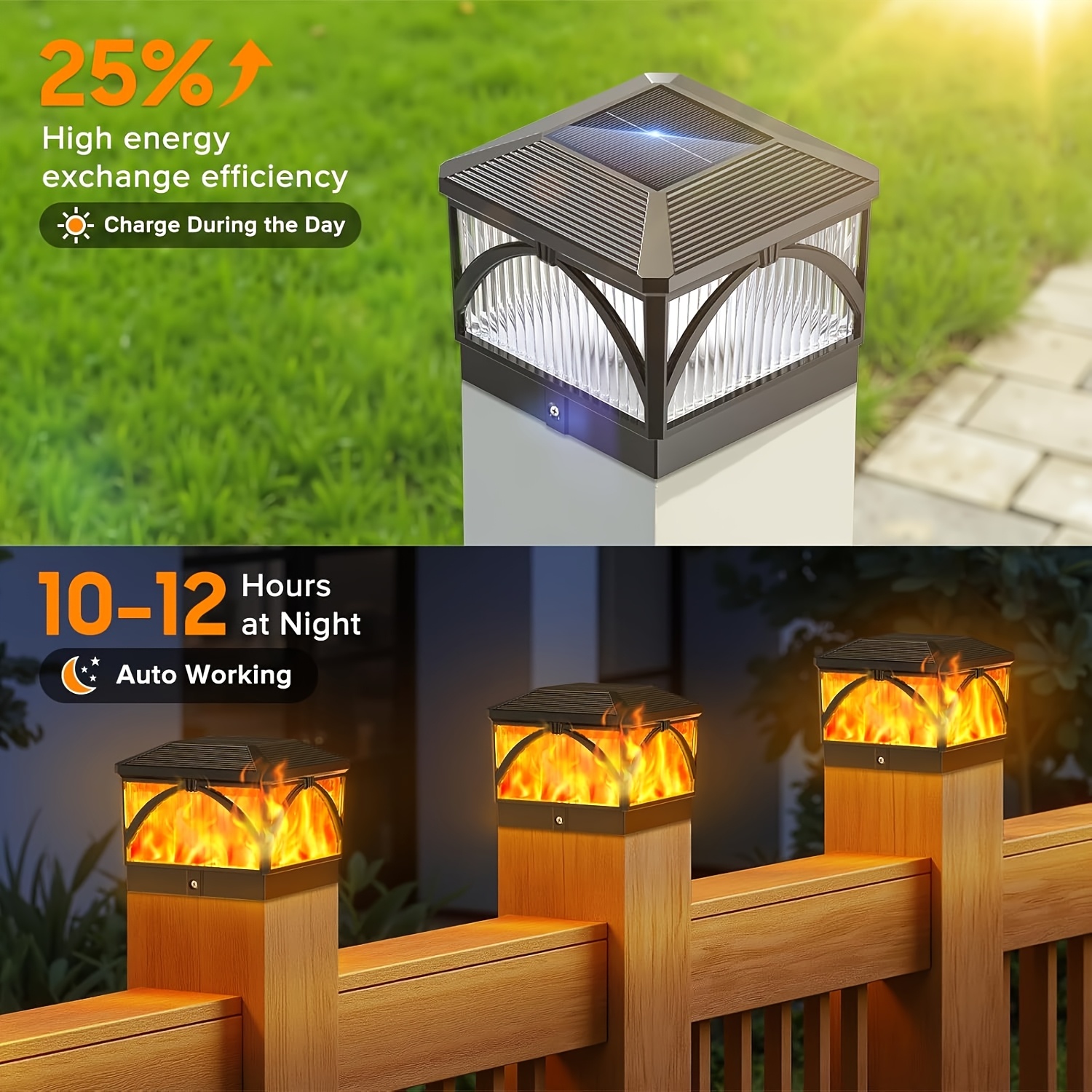 Blueyang Solar Post Cap Light – 2-Pack Flickering Flame Effect, IP55 Waterproof, Fits 4x4 To 6x6 Wood/Vinyl Posts, Auto On/Off, Black