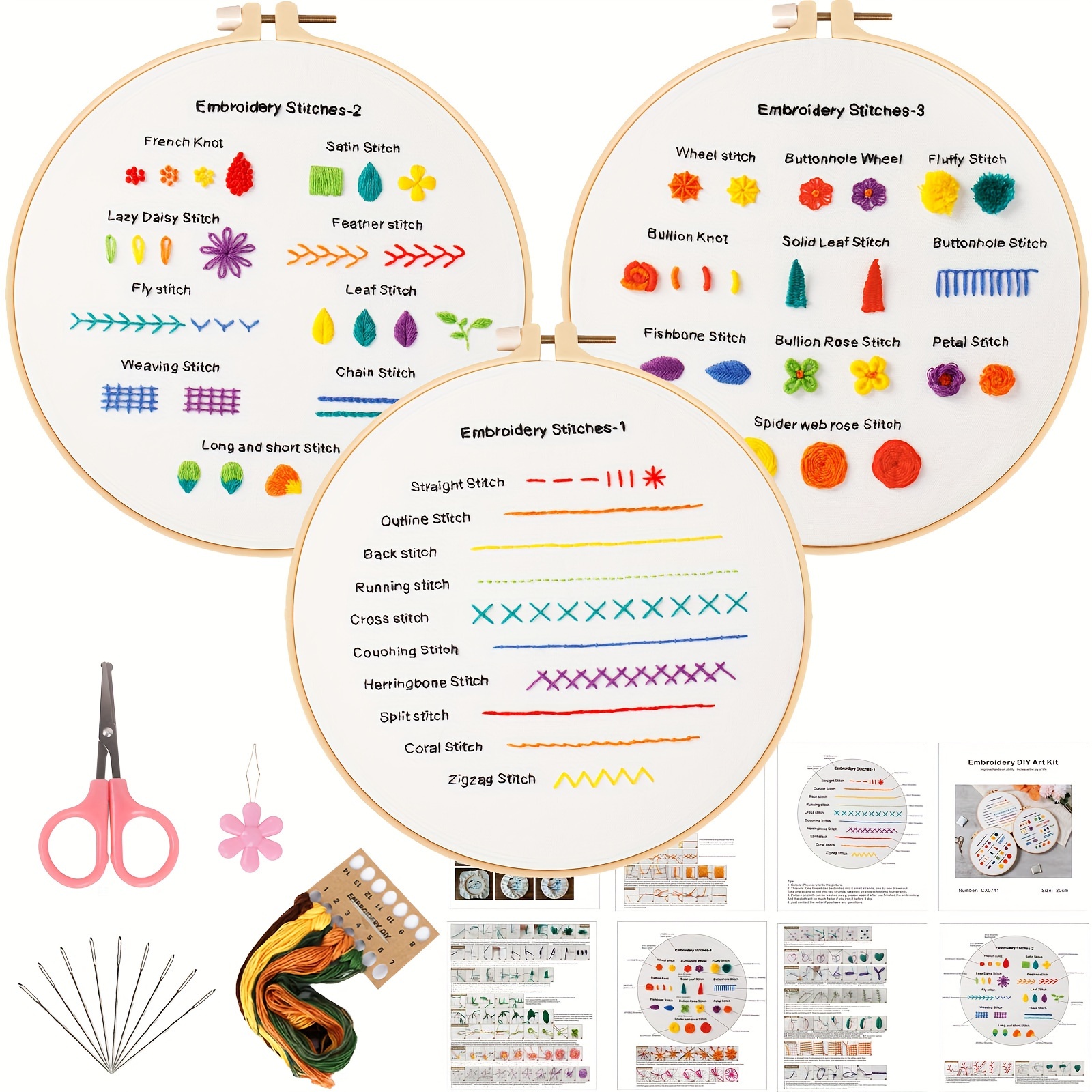 

Embroidery Starter Kit 3-pack For Beginners With Patterns, Polyester Thread, Flowers Theme, All Seasons, 7.9" Hoop, Needles And Instructions