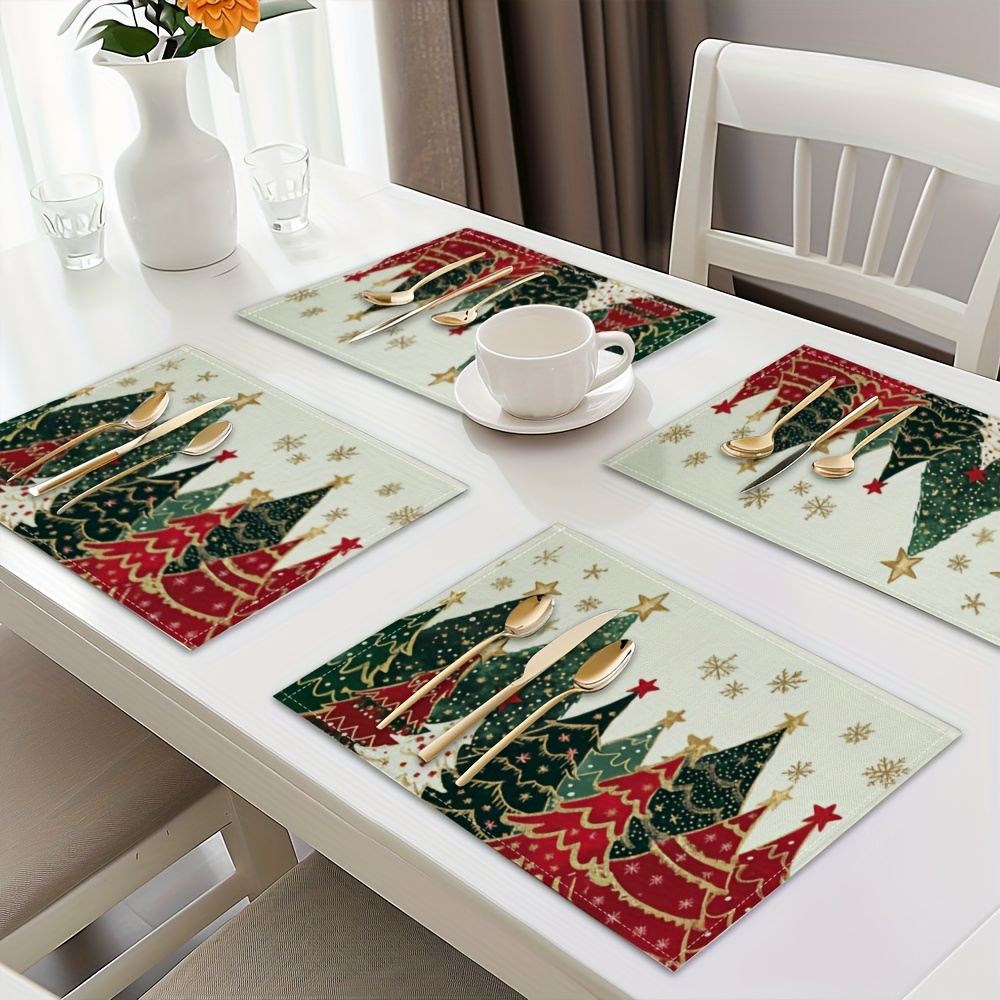 TEMU 4-pack Christmas Tree Placemats, 12x18 Inches, Linen Table Mats, Machine Washable, Rectangular, Woven, For Holiday Dining And Kitchen Decor, Home & Party Use