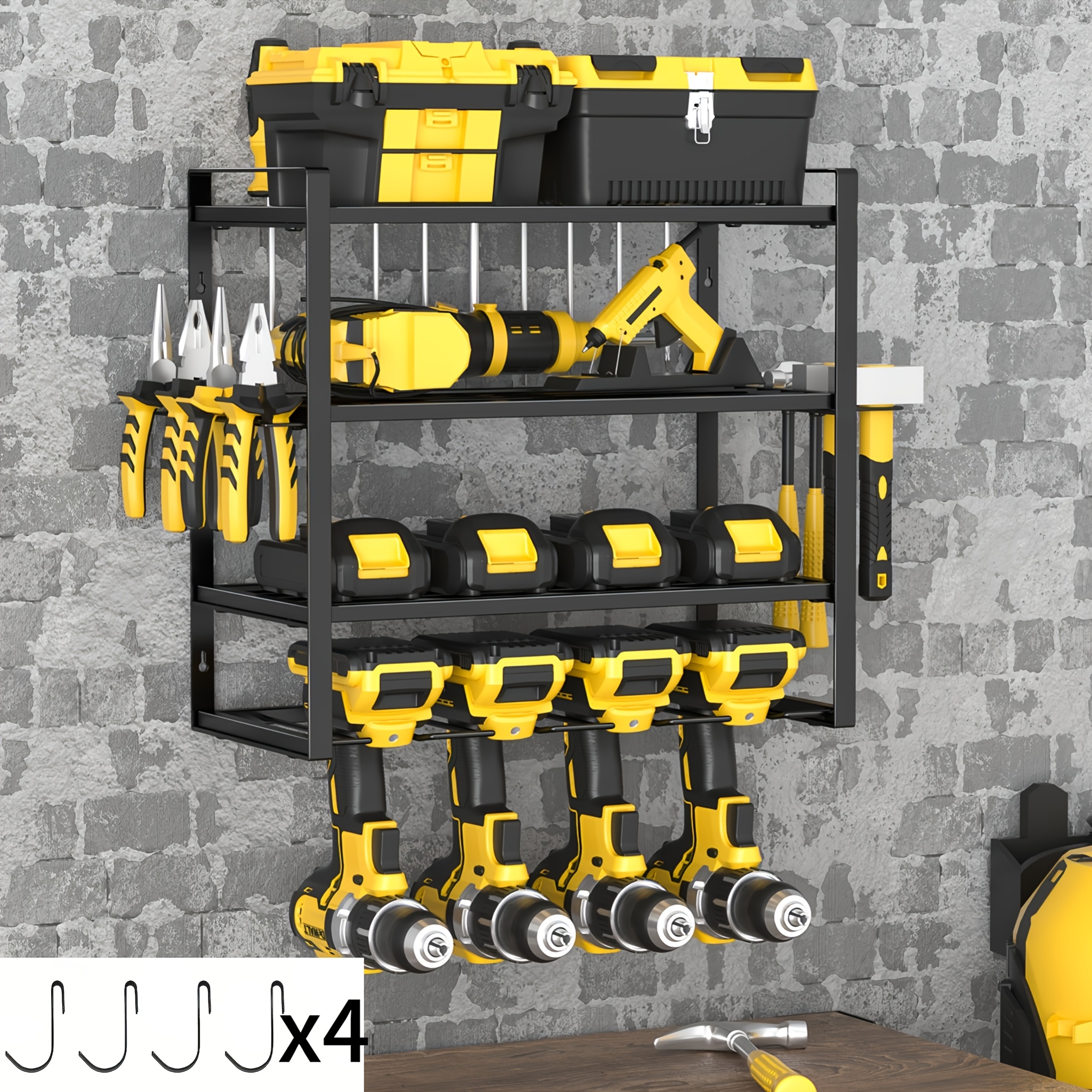 TEMU Portautensili e organizer a 4 ripiani in ferro resistente per elettroutensili con 4 supporti per punte da trapano, scaffale galleggiante a