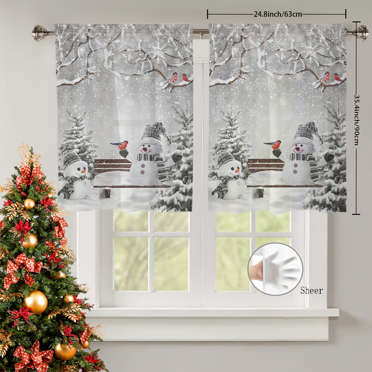 TEMU 2pcs Polyester/machine Washable Sheer Semi-transparent Short Curtains, Modern Minimalist Winter Snow Scene Pattern, Christmas Winter Kitchen