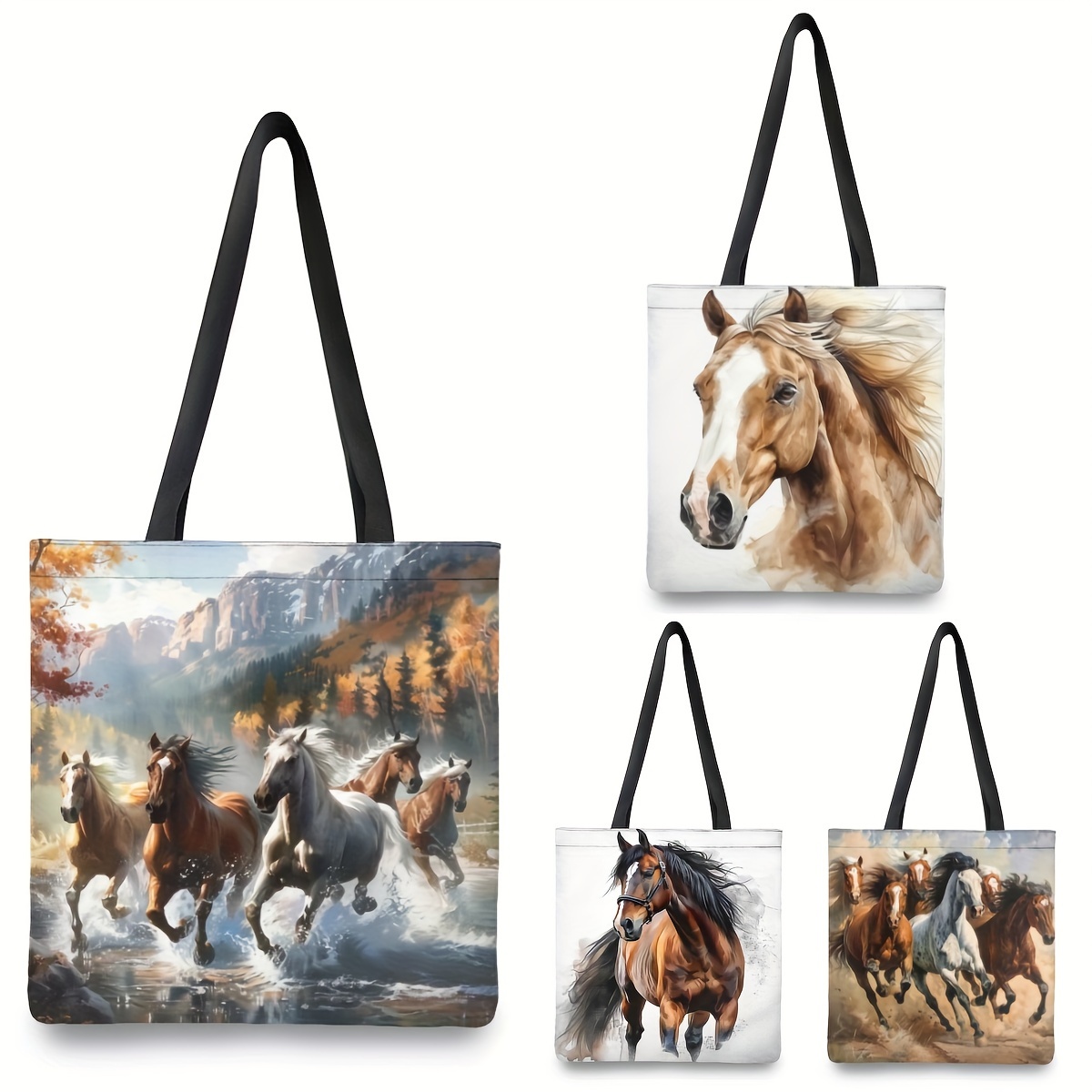 

1pc Horse Print Tote Bag - Large Capacity, Polyester Shoulder Bag With Fixed Black Strap For Work, School, Shopping - 15.74x13.74in