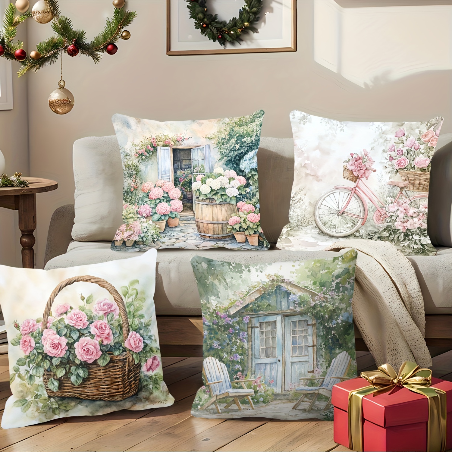 

4pcs Set - , 18x18 - Distressed & Watercolor , Zip , Washable - For Sofa, Bed, And (inserts Not Included)