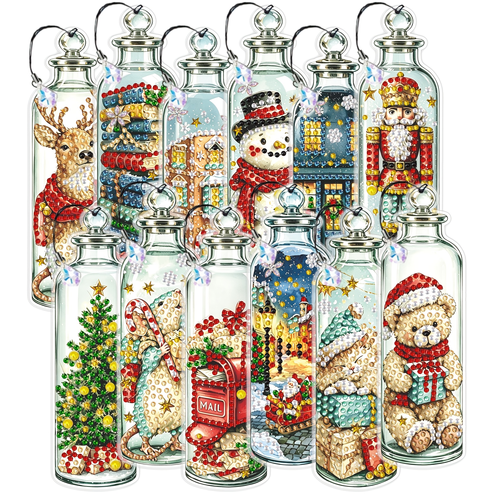 TEMU 12pcs Set Christmas Bottle Themed Diy Diamond Painting Bookmarks, Featuring A Winter Christmas Snow Scene Fairytale Style, Full Of Christmas