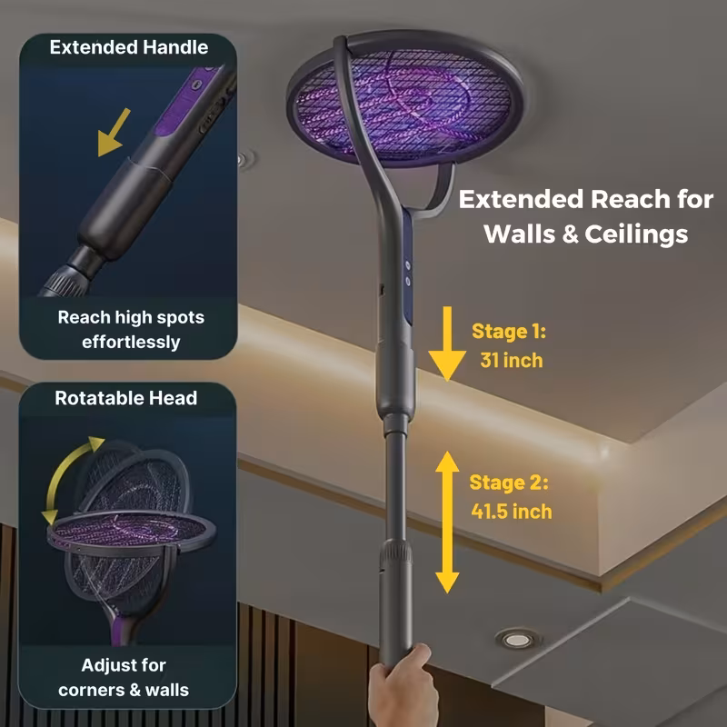 new arrival retractable extended electric fly swatter racket 2 in 1 smart bug zapper and generator with usb rechargeable base powerful trap lamp and fly killer for home bedroom Product details 7