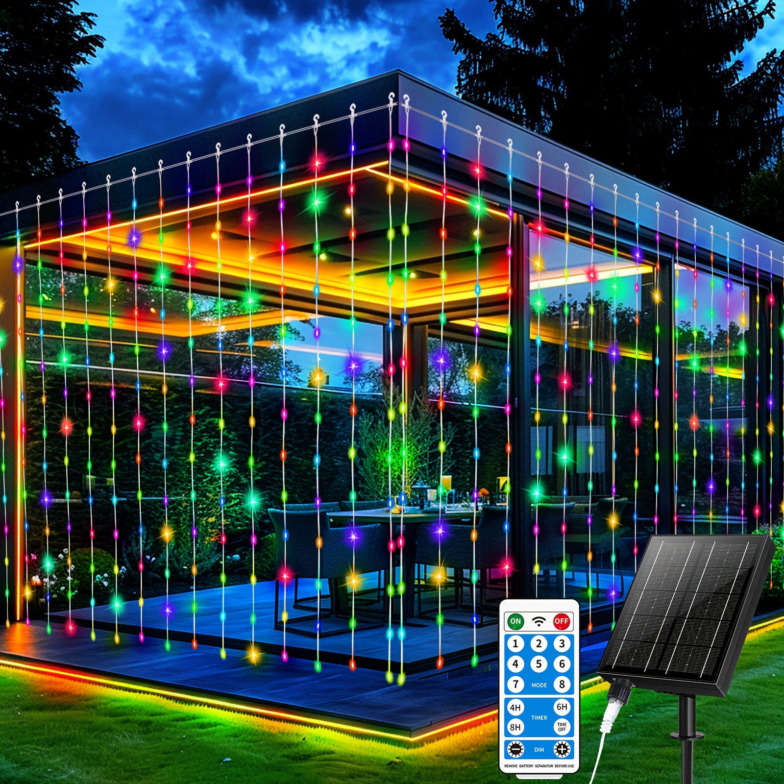 Image of Curtain Lights 3x3 330 Led 2400ma Outdoor Solar Waterfall String Lights For Indoor Room Outdoor Patio Background Garden With Remote Control Hanging Flashing Curtain Fairy Lights