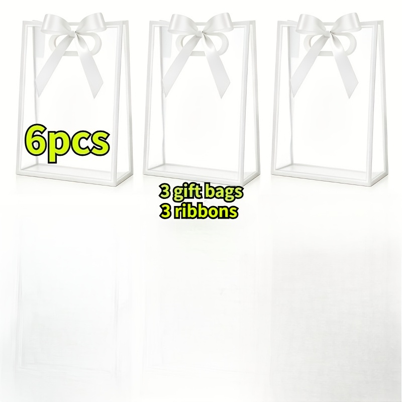 TEMU 6pcs Set Of Transparent Gift Bags With Bow Trim - Includes (3pcs Bags And 3pcs Ribbons), Handle-equipped Clear Party Bags, Cute Packaging For