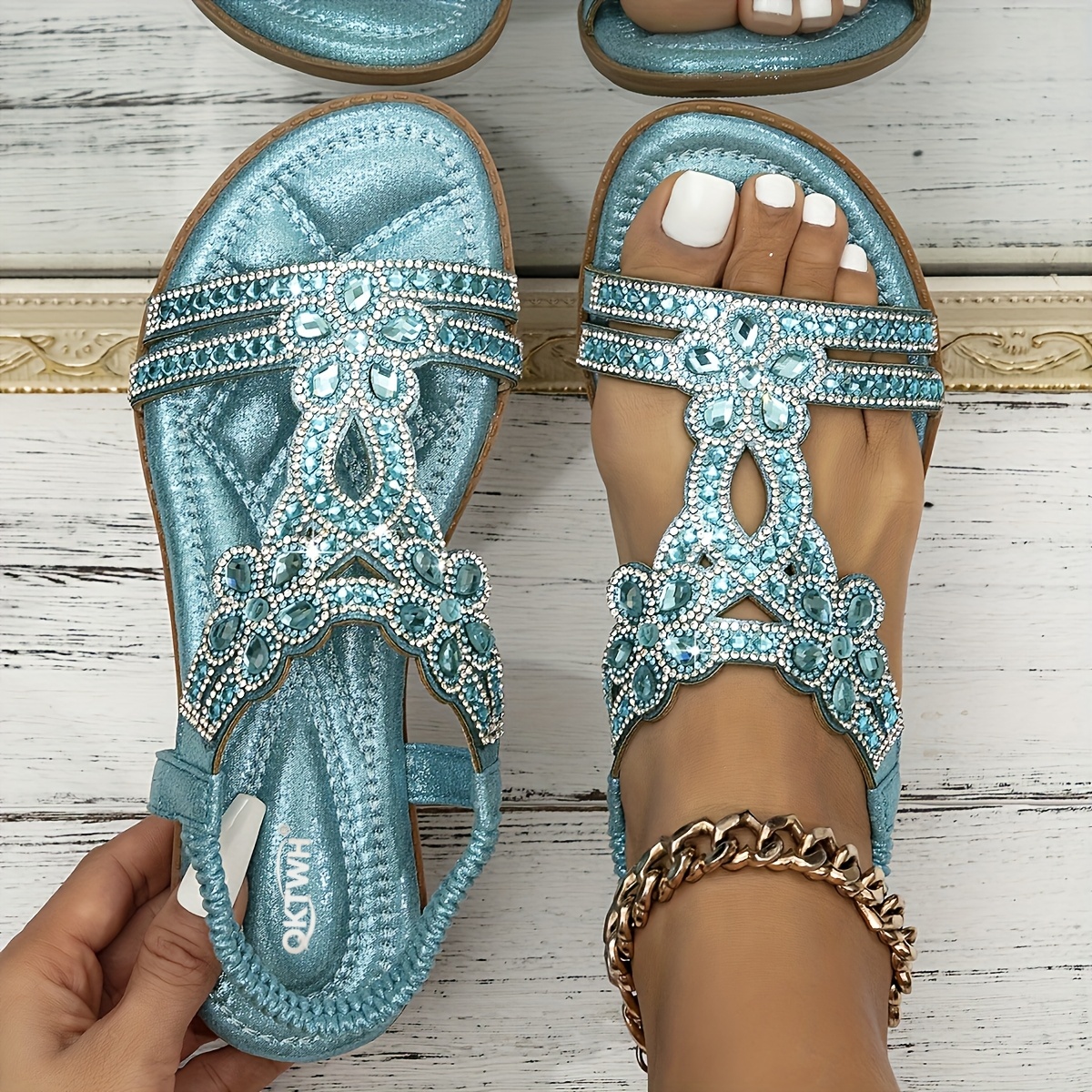 Image of Women's Platform Wedge With Rhinestone Toe, Flat Sole, Elastic Straps, Bohemian Style Beach Sandals, Women Shoes