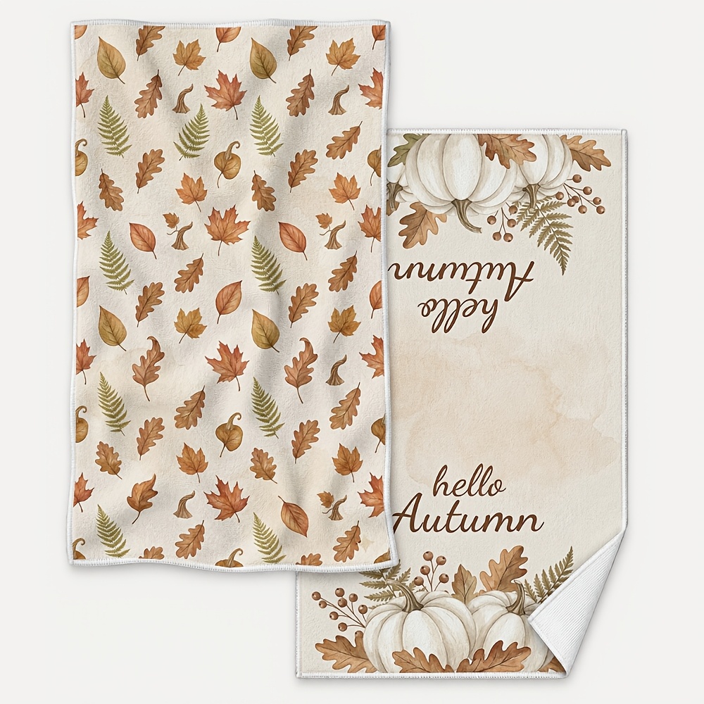 TEMU 2pcs Earthy Fall Kitchen Towels Set "hello Autumn" And Leaf Beige, Absorbent Dish Towels For Drying Dishes, Cute Autumn Theme Tea Towel For